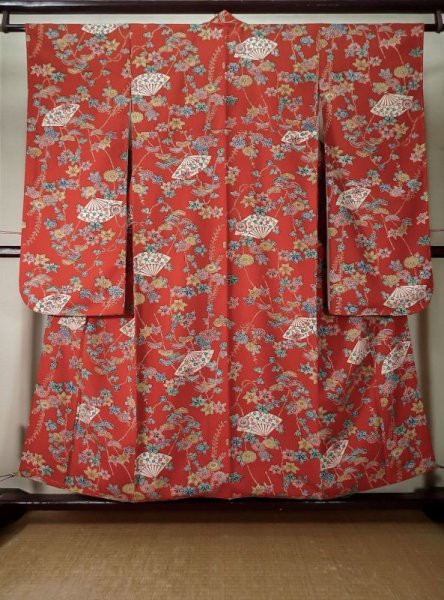 Photo1: L0204Z Used Japanese women  Vermilion FURISODE long-sleeved / Silk. Chrysanthemum,   (Grade A+) (1)