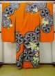 Photo3: L0727M Used Japanese women  Orange FURISODE long-sleeved / Silk. Peony,   (Grade B) (3)