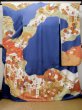 Photo2: L0727Q Used Japanese women Vivid Blue FURISODE long-sleeved / Silk. Chrysanthemum, Cloud, Crossed circles patterns  (Grade B) (2)