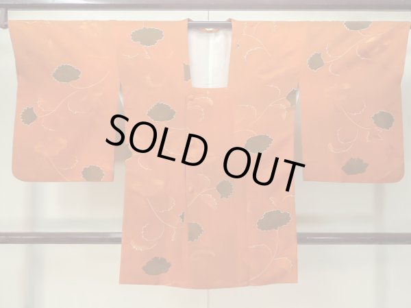 Photo1: M0829B Vintage Japanese women   Orange MICHIYUKI outer coat / Silk. Flower,   (Grade C) (1)