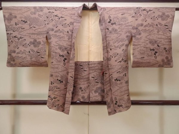 Photo1: M1121P Vintage Japanese women  Pale Brown HAORI short jacket / Silk. Chrysanthemum,   (Grade B) (1)