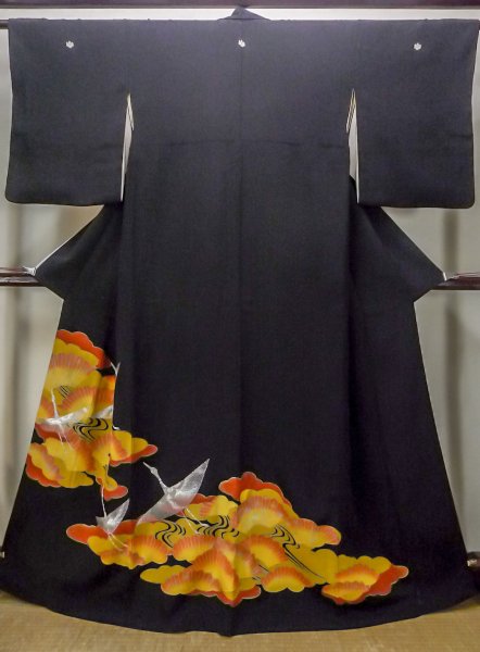 Photo1: M1228C Vintage Japanese women   Black TOMESODE formal / Silk. Crane,   (Grade C) (1)