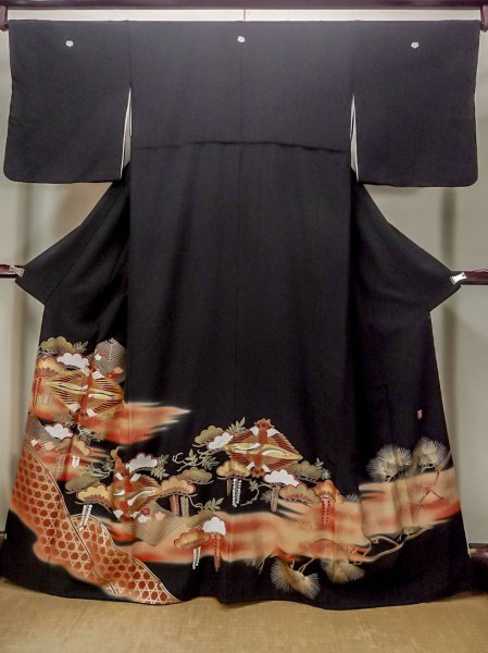 Photo1: M1228I Vintage Japanese women   Black TOMESODE formal / Synthetic. UME plum bloom,   (Grade C) (1)