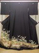 Photo1: M1228J Vintage Japanese women   Black TOMESODE formal / Silk. Pine tree/branch/needle, Small holes all over.  (Grade D) (1)