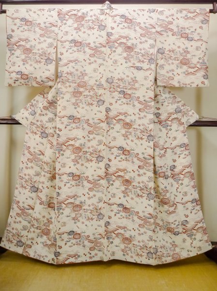 Photo1: M1228S Vintage Japanese women   Ivory KOMON dyed / Silk. Chrysanthemum,   (Grade C) (1)