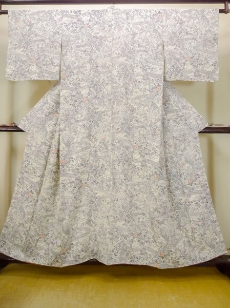 Photo1: M1228T Vintage Japanese women   White KOMON dyed / Synthetic. Chrysanthemum,   (Grade C) (1)