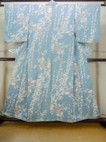 Photo1: M1228U Vintage Japanese women  Pale Light Blue KOMON dyed / Silk. Chrysanthemum,   (Grade C) (1)