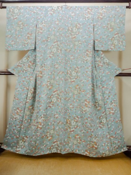 Photo1: M1228V Vintage Japanese women  Pale Light Blue KOMON dyed / Silk. Chrysanthemum,   (Grade C) (1)