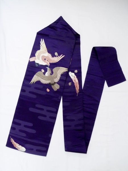 Photo1: N0216A Vintage Japanese Kimono  Shiny Purple NAGOYA OBI sash Bird Silk. (Grade B) (1)