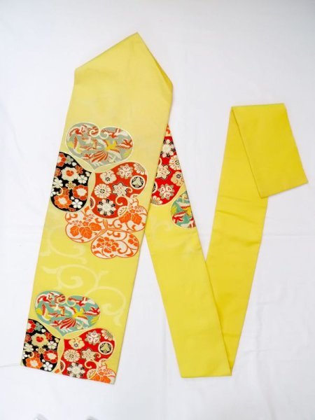 Photo1: N0216B Vintage Japanese Kimono  Shiny Yellow NAGOYA OBI sash Peony Silk. (Grade C) (1)