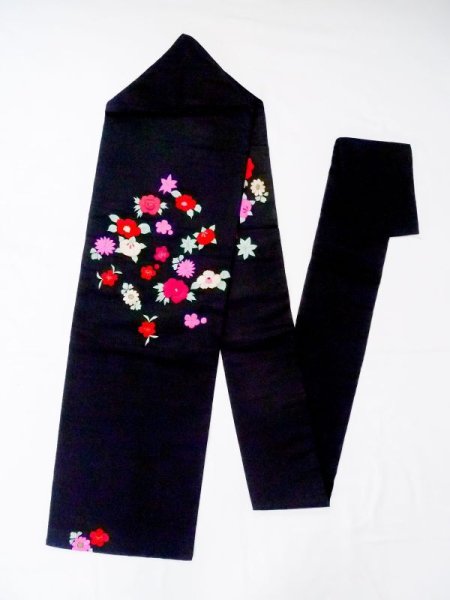 Photo1: N0216D Vintage Japanese Kimono   Black NAGOYA OBI sash Chrysanthemum Silk. (Grade B) (1)