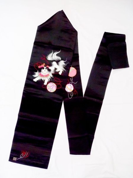 Photo1: N0216G Vintage Japanese Kimono   Black NAGOYA OBI sash  Silk. (Grade B) (1)