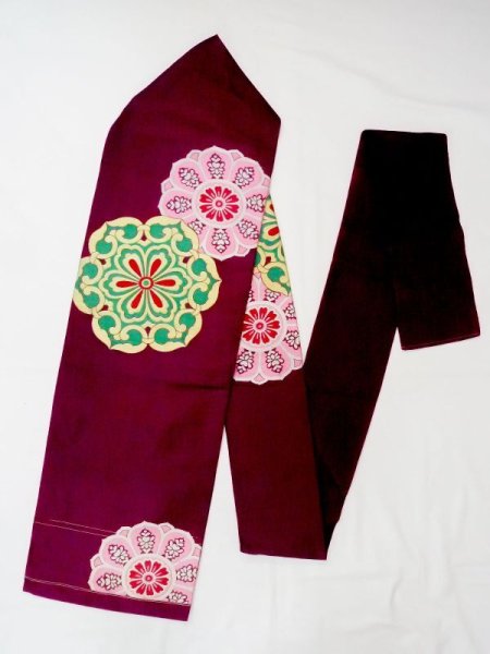 Photo1: N0216J Vintage Japanese Kimono  Purplish Dark Red NAGOYA OBI sash Chinese flower Silk. (Grade B) (1)