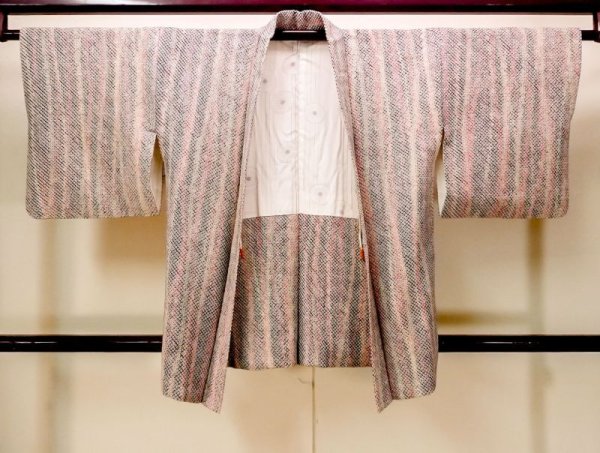 Photo1: Mint N0305I Vintage Japanese women   Multi Color HAORI short jacket / Silk. Stripes,   (Grade A) (1)