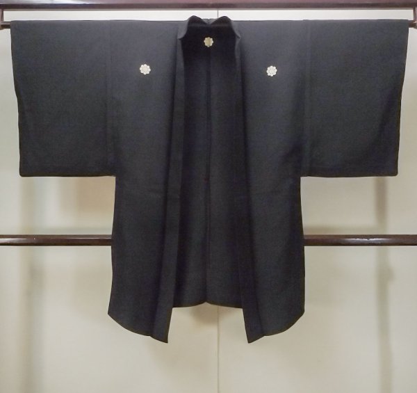 Photo1: N0306B Vintage Japanese   Black Men's Haori / Silk.    (Grade D) (1)