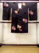 Photo1: N0321I Vintage Japanese women   Black MICHIYUKI outer coat / Synthetic. Flower,   (Grade C) (1)