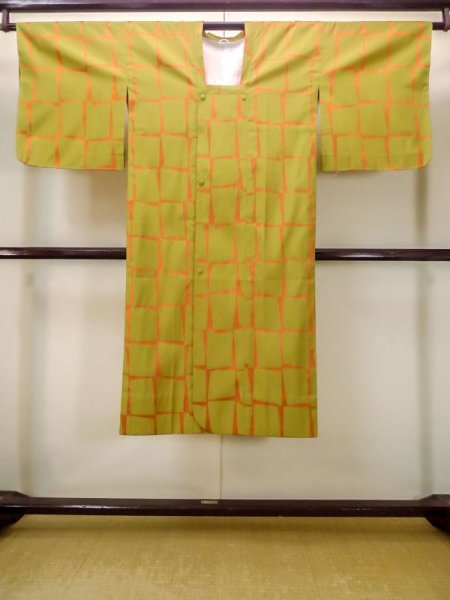 Photo1: Mint N0321Y Vintage Japanese women   Yellowish Green Rain coat / Synthetic. Stripes,   (Grade A) (1)
