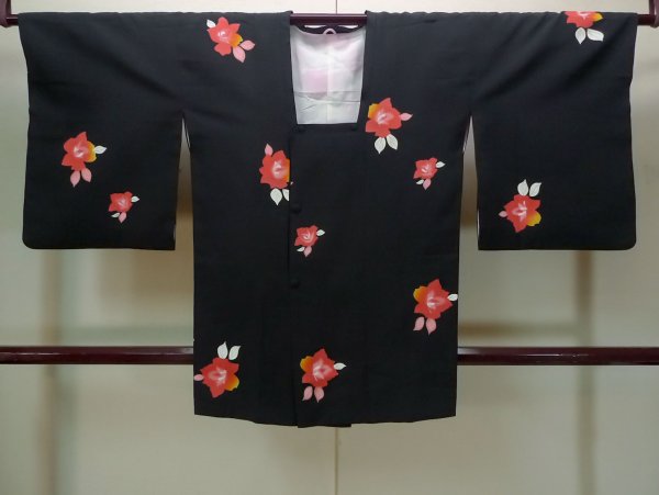 Photo1: N0329J Vintage Japanese women   Black MICHIYUKI outer coat / Synthetic. Camellia   (Grade C) (1)