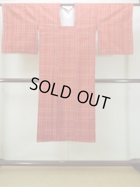 Photo1: Mint N0329V Vintage Japanese women  Shiny Orange Rain coat / Synthetic. Plaid Checks,   (Grade A) (1)