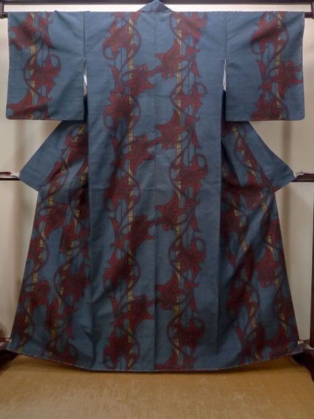 Photo1: Mint N0409E Vintage Japanese women  Grayish Light Blue TSUMUGI pongee / Silk. Bamboo   ,   (Grade A) (1)