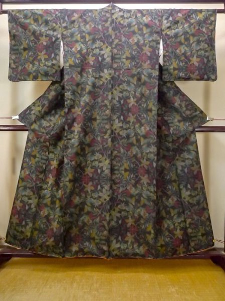 Photo1: Mint N0409N Used Japanese women   Multi Color TSUMUGI pongee / Silk. Chinese flower,   (Grade A) (1)