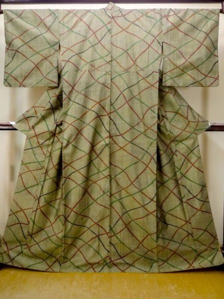 Photo1: Mint N0409O Vintage Japanese women  Grayish Olive TSUMUGI pongee / Silk. Line   (Grade A) (1)