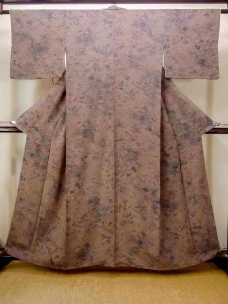 Photo1: N0409T Used Japanese women  Reddish Brown KOMON dyed / Silk. SAKURA cherry blossom,   (Grade B) (1)