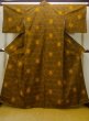 Photo1: N0430E Vintage Japanese women   Brown TSUMUGI pongee / Silk. Tortoise-shell pattern(Hexagonal pattern)   (Grade B) (1)