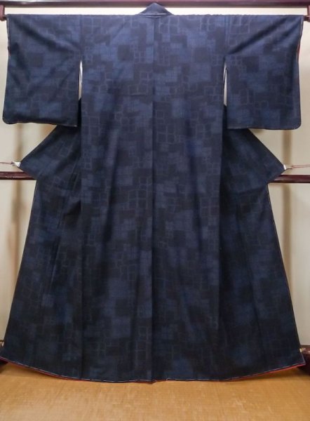 Photo1: Mint N0430G Vintage Japanese women   Indigo Blue TSUMUGI pongee / Silk. Quadrangle,   (Grade A) (1)