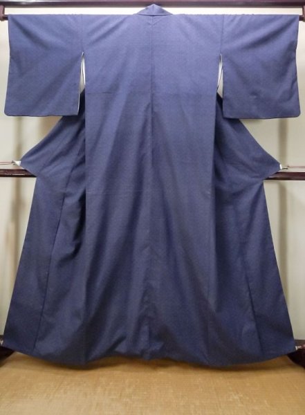 Photo1: N0430L Vintage Japanese women  Pale Indigo Blue TSUMUGI pongee / Silk. Lozenges,   (Grade B) (1)