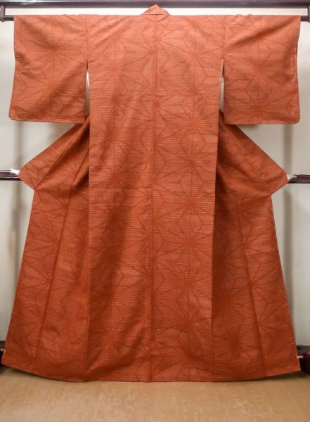 Photo1: Mint N0430N Vintage Japanese women  Reddish Brown TSUMUGI pongee / Silk. Hemp leaf,   (Grade A) (1)