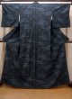 Photo1: N0431C Used Japanese women   Black TSUMUGI pongee / Silk. Haze,   (Grade C) (1)