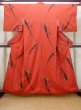 Photo1: N0509L Antique Japanese women  Reddish Orange ORI woven / Silk. Abstract pattern   (Grade C) (1)