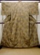 Photo1: N0509M Vintage Japanese women   Olive TSUMUGI pongee / Silk. Stripes,   (Grade B) (1)