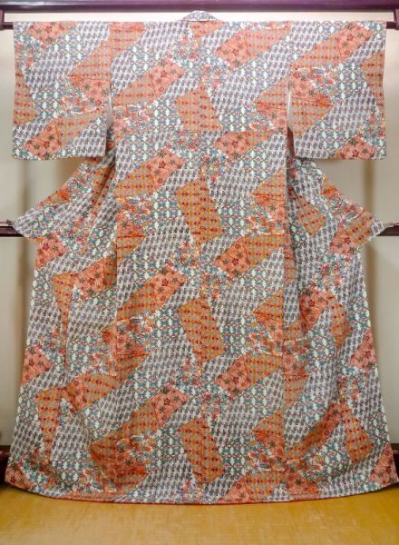 Photo1: N0509P Vintage Japanese women   Orange KOMON dyed / Silk. Flower,   (Grade B) (1)