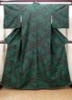 Photo1: Mint N0509T Vintage Japanese women  Dark Green TSUMUGI pongee / Silk. Line,   (Grade A) (1)