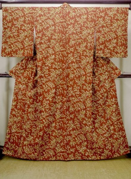 Photo1: N0510C Vintage Japanese women   Vermilion KOMON dyed / Silk. Tree   (Grade B) (1)