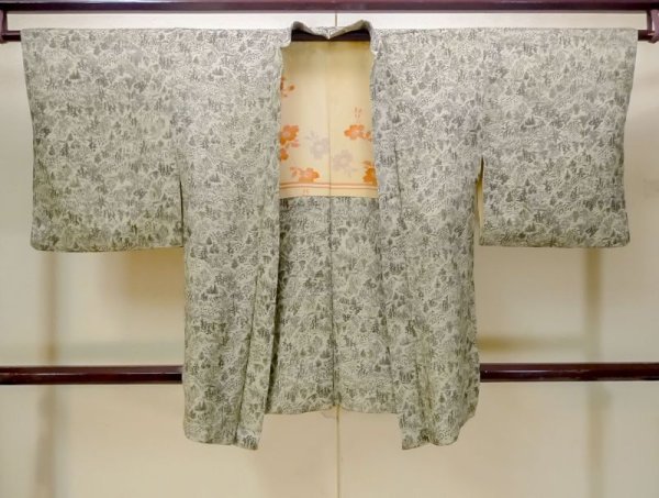 Photo1: N0529F Vintage Japanese women  Pale Gray HAORI short jacket / Silk. Landscape,   (Grade C) (1)