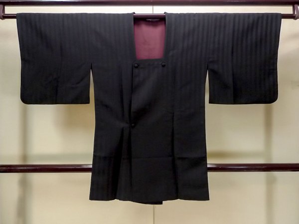 Photo1: N0529Y Vintage Japanese women   Black MICHIYUKI outer coat / Silk. Stripes   (Grade B) (1)