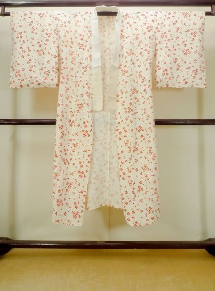 Photo1: N0611T Vintage Japanese women   Ivory JUBAN undergarment / Silk. SAKURA cherry blossom More damages.  (Grade D) (1)