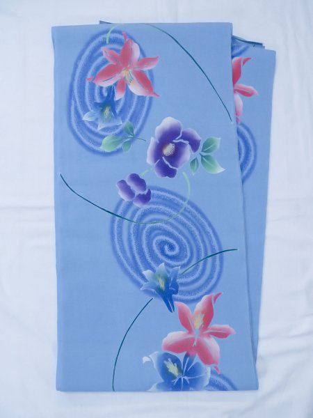 Photo1: N0624J Vintage Japanese Kimono  Grayish Light Blue Cutting cloth Iris Cotton. (Grade C) (1)