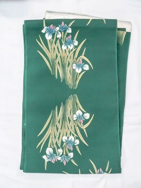 Photo1: N0624S Vintage Japanese Kimono   Green Cutting cloth Iris Cotton. (Grade B) (1)