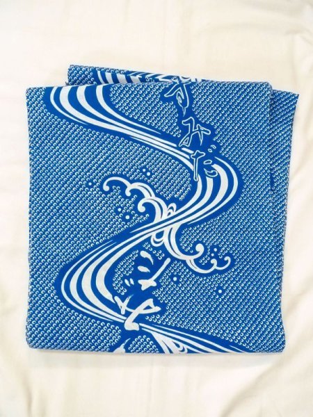 Photo1: N0625A Vintage Japanese Kimono   Blue Cutting cloth Wave Cotton. (Grade B) (1)