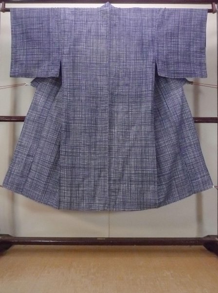 Photo1: N0731D Vintage Japanese   Gray YUKATA summer(made in Japan) / Cotton. Plaid Checks   (Grade C) (1)