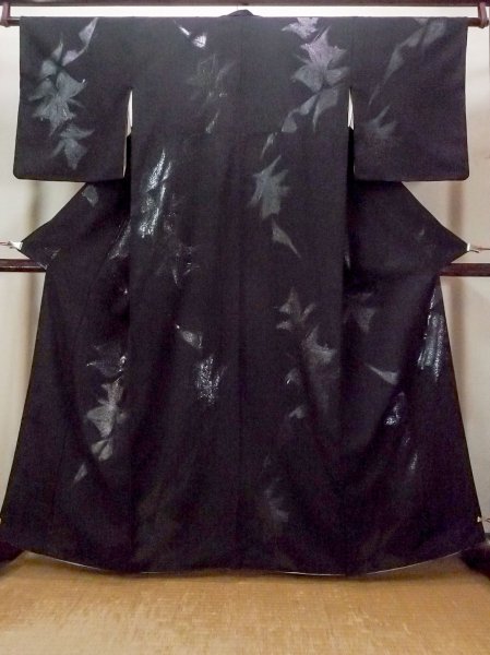 Photo1: N0814F Vintage Japanese women   Black ORI woven / Silk. Abstract pattern   (Grade B) (1)