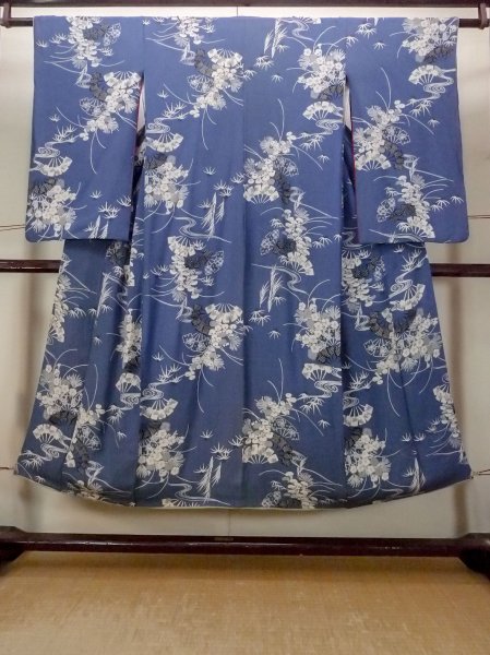 Photo1: N0814L Antique Japanese women   Blue KOMON dyed / Silk. Chrysanthemum,   (Grade D) (1)