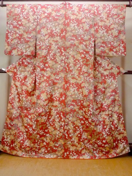 Photo1: N0814Q Used Japanese women  Pale Vermilion KOMON dyed / Silk. Chrysanthemum,   (Grade B) (1)