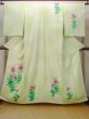 Photo1: N0814R Vintage Japanese women Shiny Pale Yellowish Green TSUKESAGE formal / Silk. KIKYO Japanese balloonflower,   (Grade C) (1)