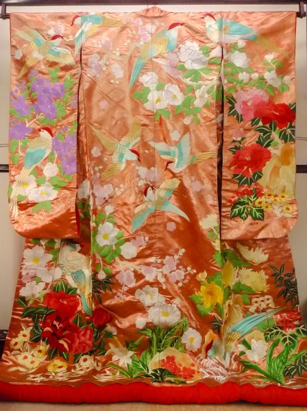 Photo1: N0827C Used Japanese women  Shiny Orange UCHIKAKE Wedding / Silk. Peony,   (Grade B) (1)