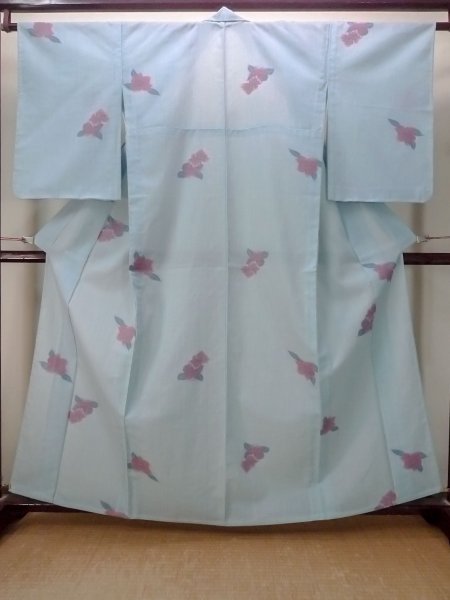 Photo1: N0906A Vintage Japanese women  Shiny Light Blue HITOE unlined / Wool. Flower   (Grade B) (1)